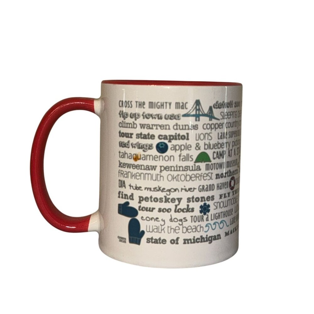 Michigan Themed Ceramic Mug With Red Handle & Rim